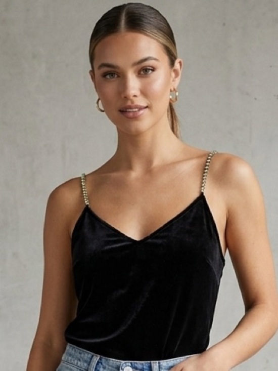 Dynamite Tops - Dynamite Black Velvet Cami with Silver Chain Straps